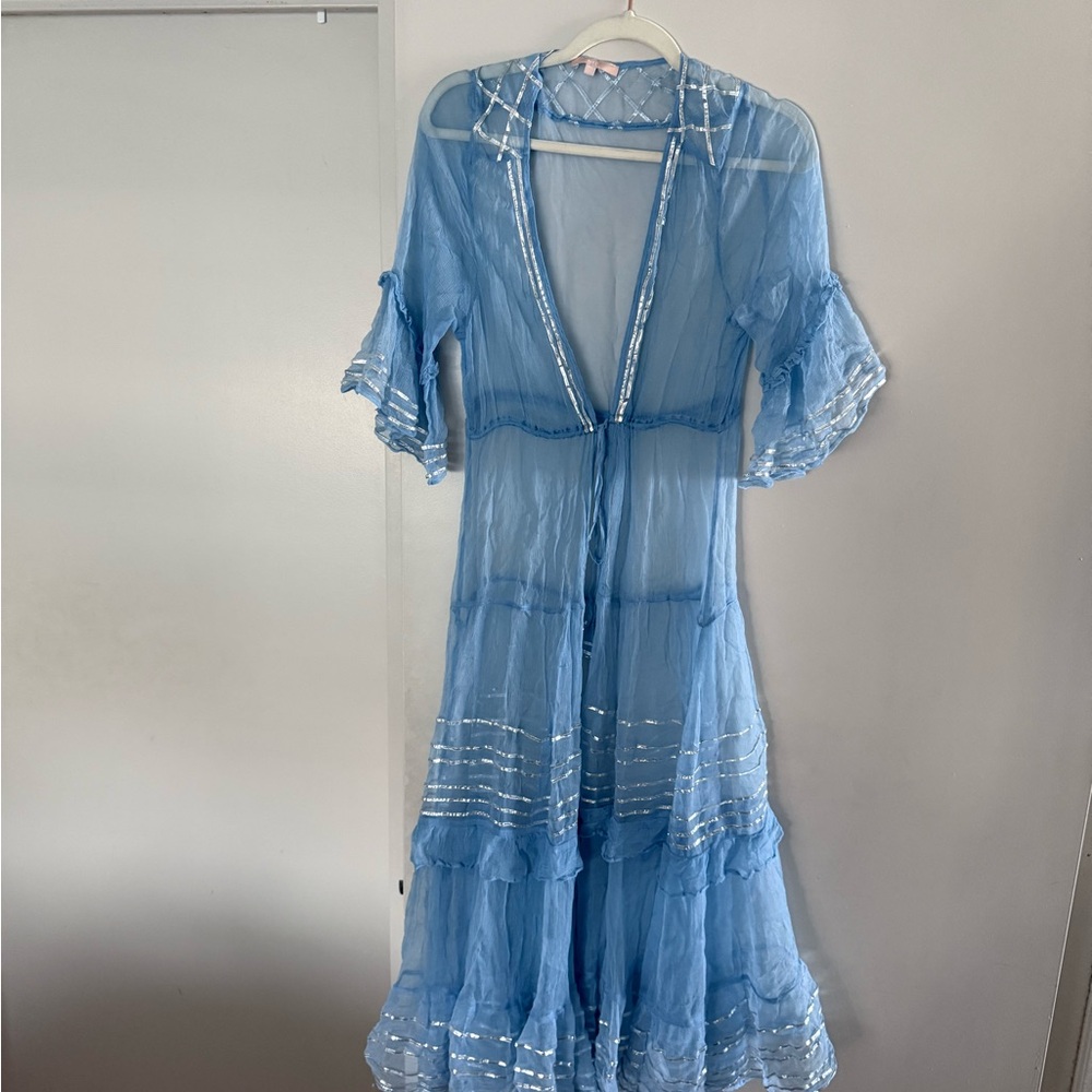 Sheer Blue Maxi Dress with Silver Accents